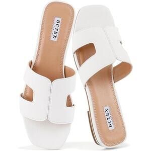 Bctex Womens 7 White Faux Leather Slide On Open Toe Low Heel Mule Sandal Shoes